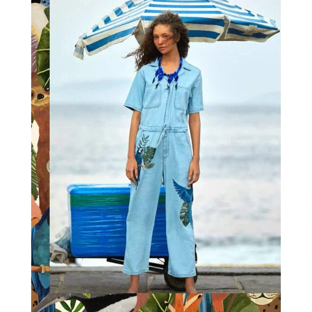 Levi's x FARM Rio Luella Denim Jumpsuit Small Light Wash Blue Macaw Parrot NWT